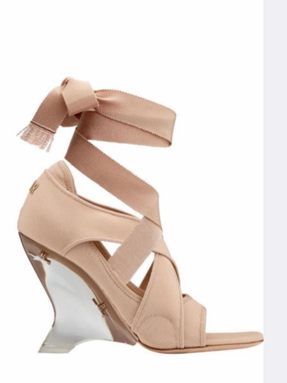 Dior Etoile Nude Mesh Ribbon Lace-Up Sculptural Lucite Wedge Sandals Heels 37
